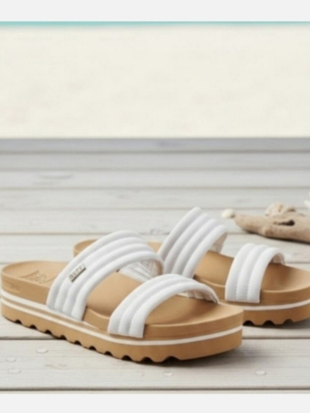 NEW! Reef White Strappy Slide Sandals on Tan Platform Sz 6 NWT